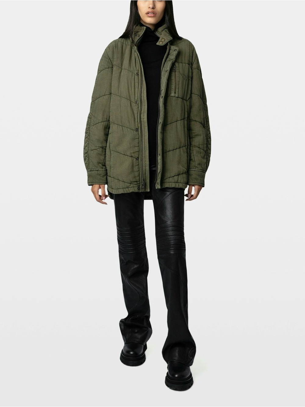 Zadig & Voltaire Kalice Quilted Oversize Twill Jacket Cypress Green Belted M